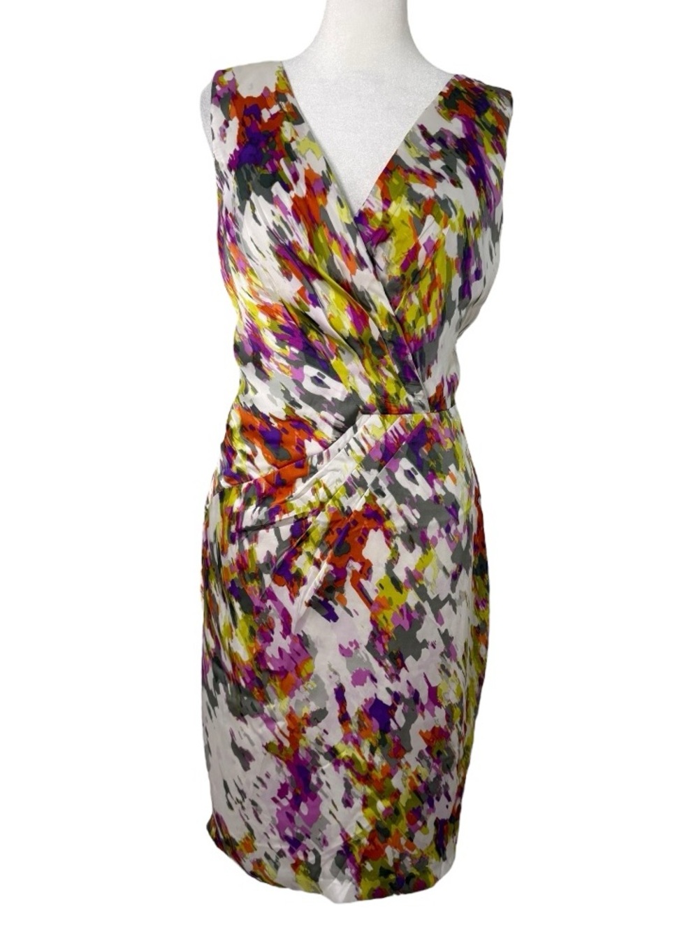 CENIA New York Dress 10 Abstract Floral Ruched Draped Sheath Cocktail V Neck